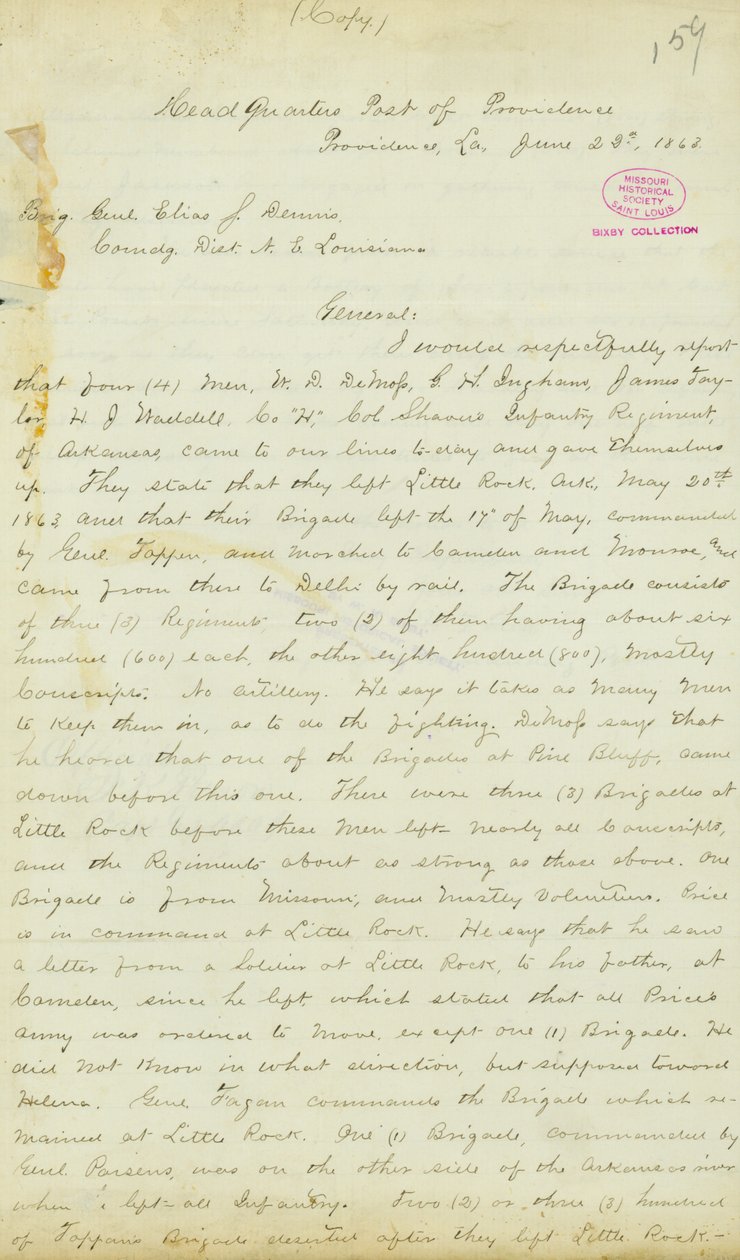 Brev fra H. T. Reid, hovedkvarter, Post of Providence, Louisiana, til brigadegeneral Elias S. Dennis, 22. juni 1863 af H.T. Reid