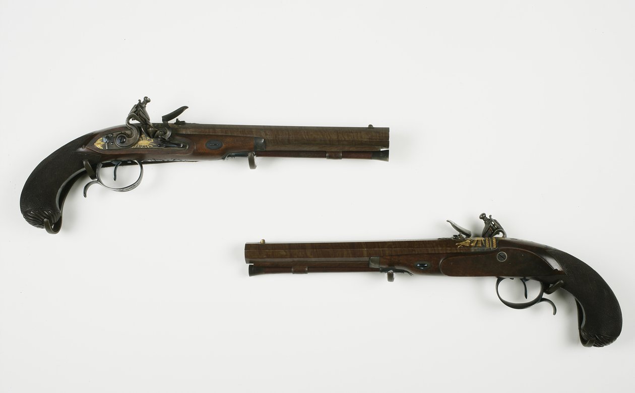 Et par Flintlock-duellpistoler, ca. 1780-1800 (blandet medier) af H.W. Mortimer and Sons