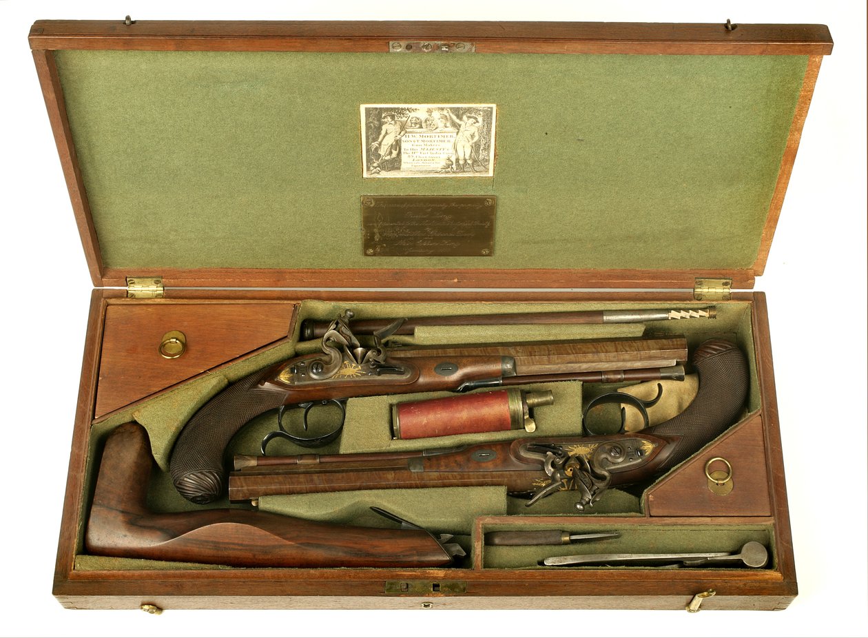 Et par Flintlock-duellpistoler med etui og tilbehør, ca. 1780-1800 (blandet medier) af H.W. Mortimer and Sons