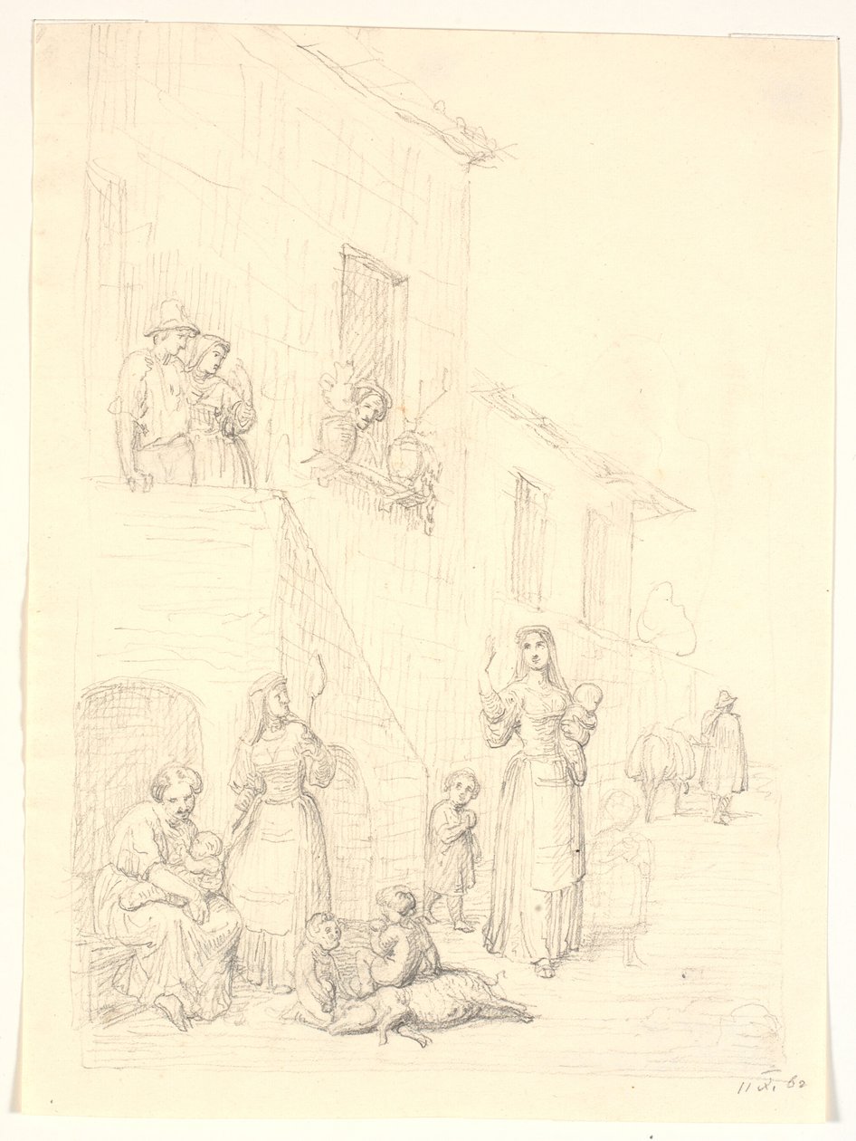 Kvinder og børn udenfor et italiensk hus af H.W. Bissen