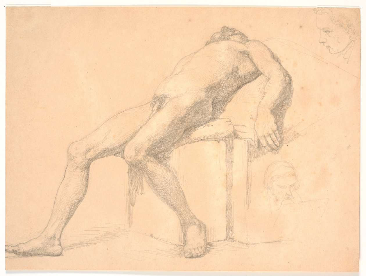 Studie af mandlig, nøgen, tilbagelænet model. T.h. to portræthoveder, den ene muligvis Constantin Hansen af H.W. Bissen