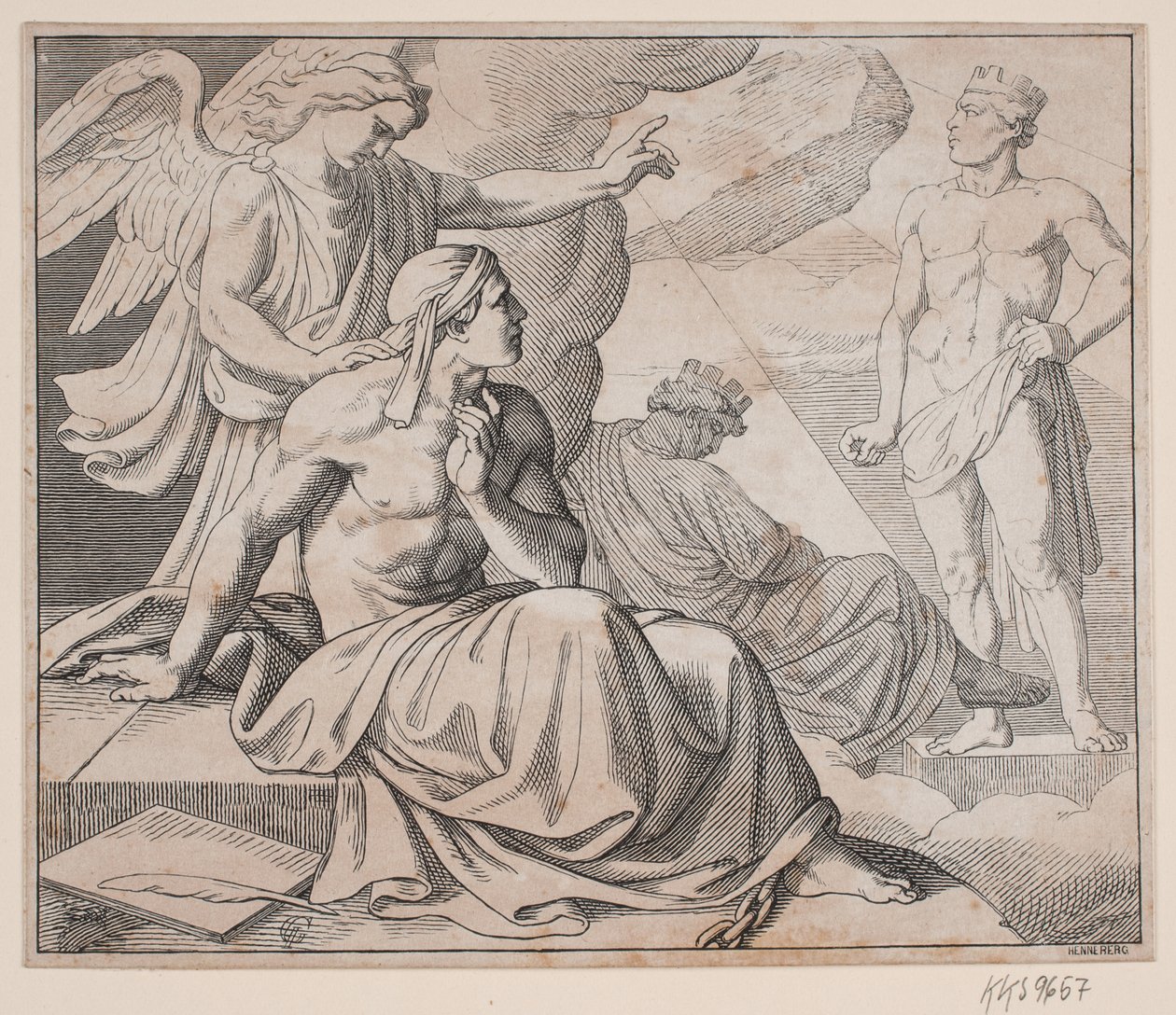 Allegorisk blad. En engel lægger hånden på en mands skulder og peger på en statue af H. C. Henneberg