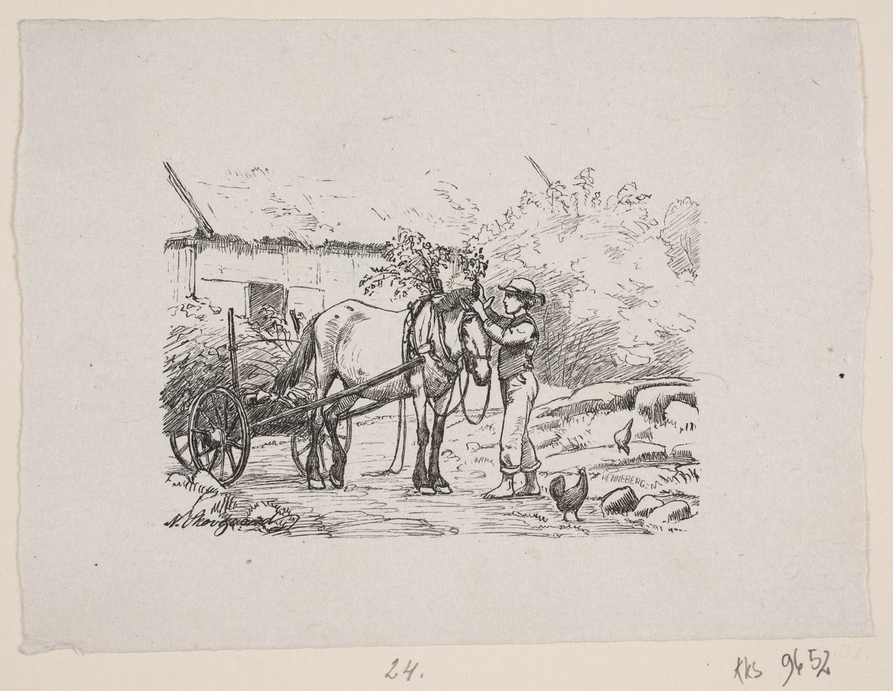 En dreng pynter en hest seletøj med grønne grene af H. C. Henneberg