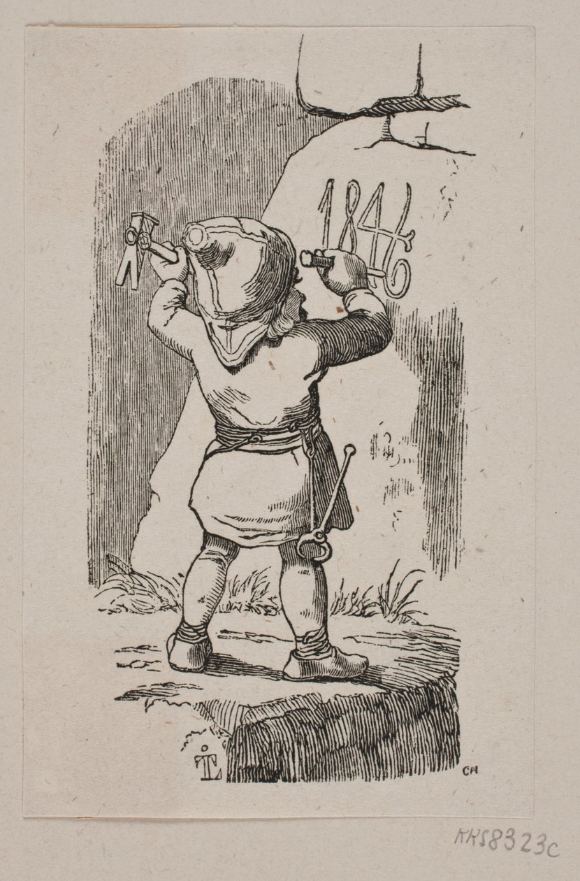 En nisse indhugger årstallet 1846 i en klippe af H. C. Henneberg