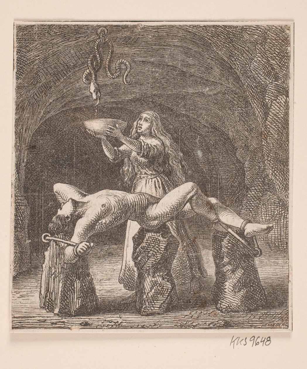 Sigyn holder skålen mellem slangen og Loke af H. C. Henneberg