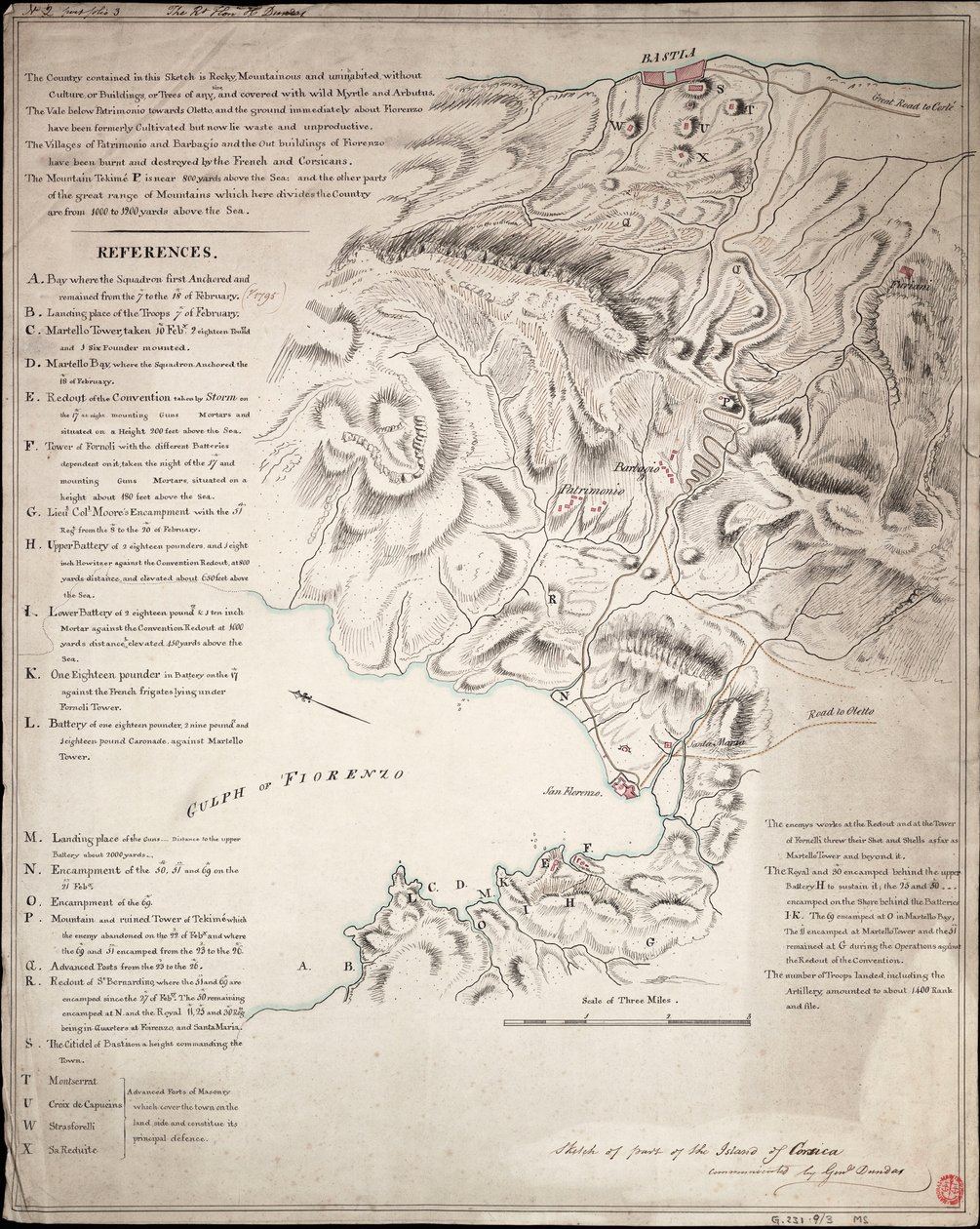 Skitse af en del af øen Korsika af H. Dundas
