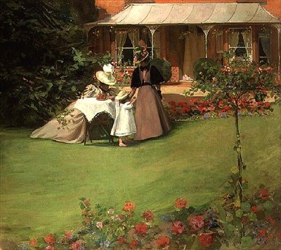 Elegante damer i haven (olie på lærred) af H. Francis Bate