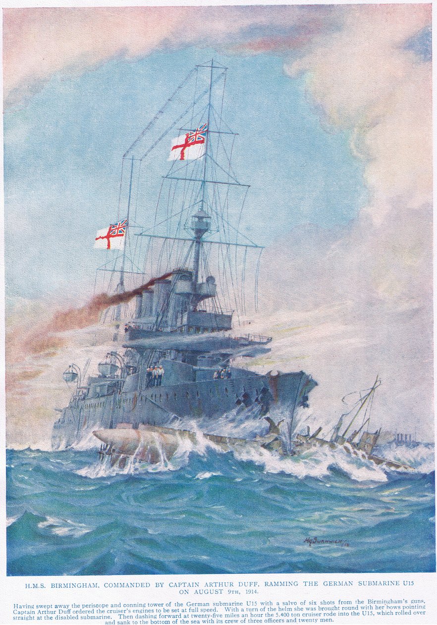 HMS Birmingham under kommando af kaptajn Arthur Duff, ramte den tyske ubåd U15 den 9. august 1914, illustration fra 