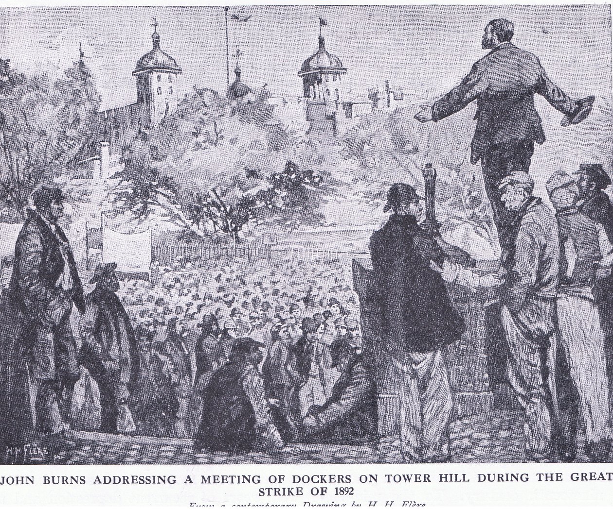John Burns taler til et møde for havnearbejdere på Tower Hill under den store strejke i 1892, fra Cassells History of the British People udgivet af Waverley Book Company Limited, ca. 1940 af H. H. Flere