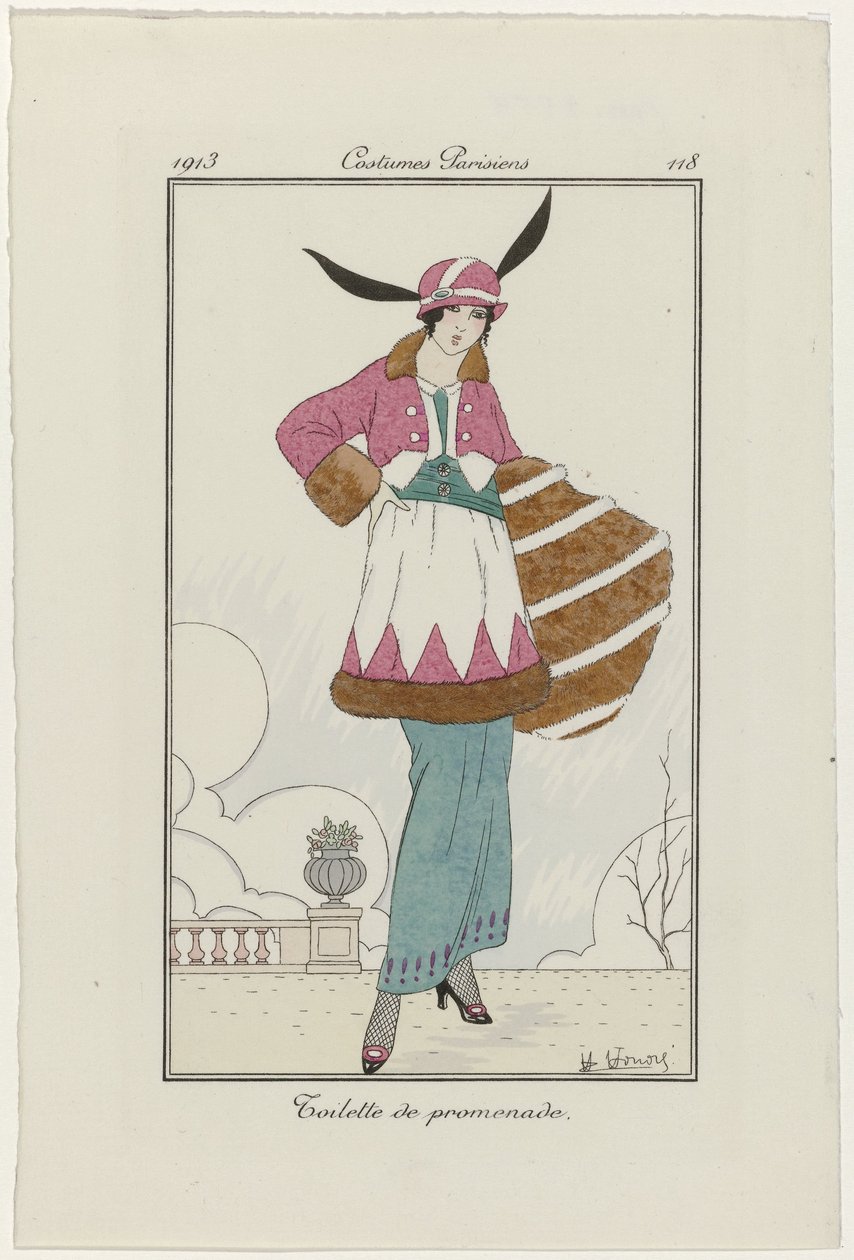 Journal of Ladies and Fashions: Fashion Illustrators Journal of Ladies and Fashions: Fashion News Journal des Dames et des Modes, Kostumer Parisiens, 1913, nr. 118: Toilet til en gåtur af H. Honore