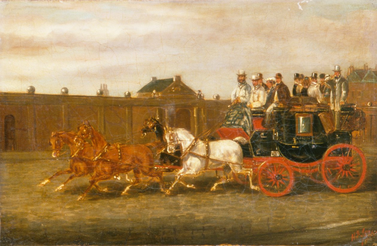 London to Brighton Coach on the Road (olie på lærred) af H. J. Jones