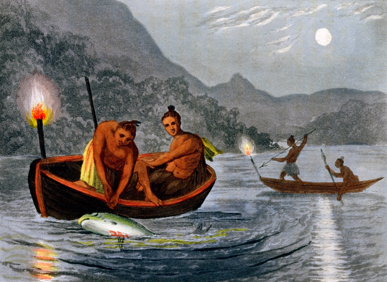 Indfødte amerikanere fisker ved fakkel i Nordamerika, 1813 af H Merke