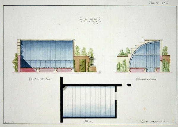 Design til et drivhus med buede glasvægge og tag, fra en folio af originale tegninger i klassisk og tidlig Belle-Epoque stil, ca. 1870 (pen & blæk på papir) af H. Monnot