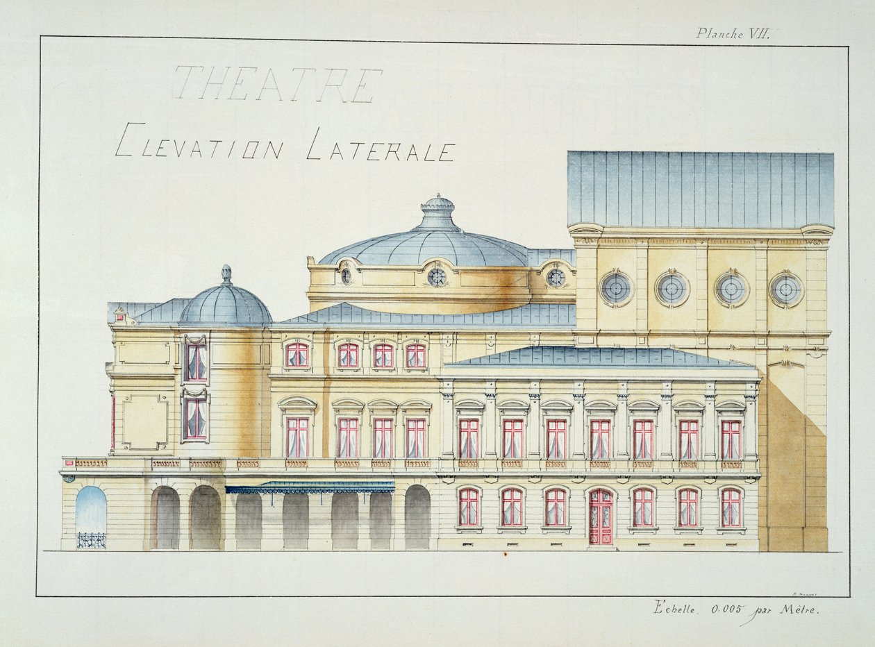 Lateral Elevation of a Theatre, plade VII fra en folio af design, c.1870 af H. Monnot