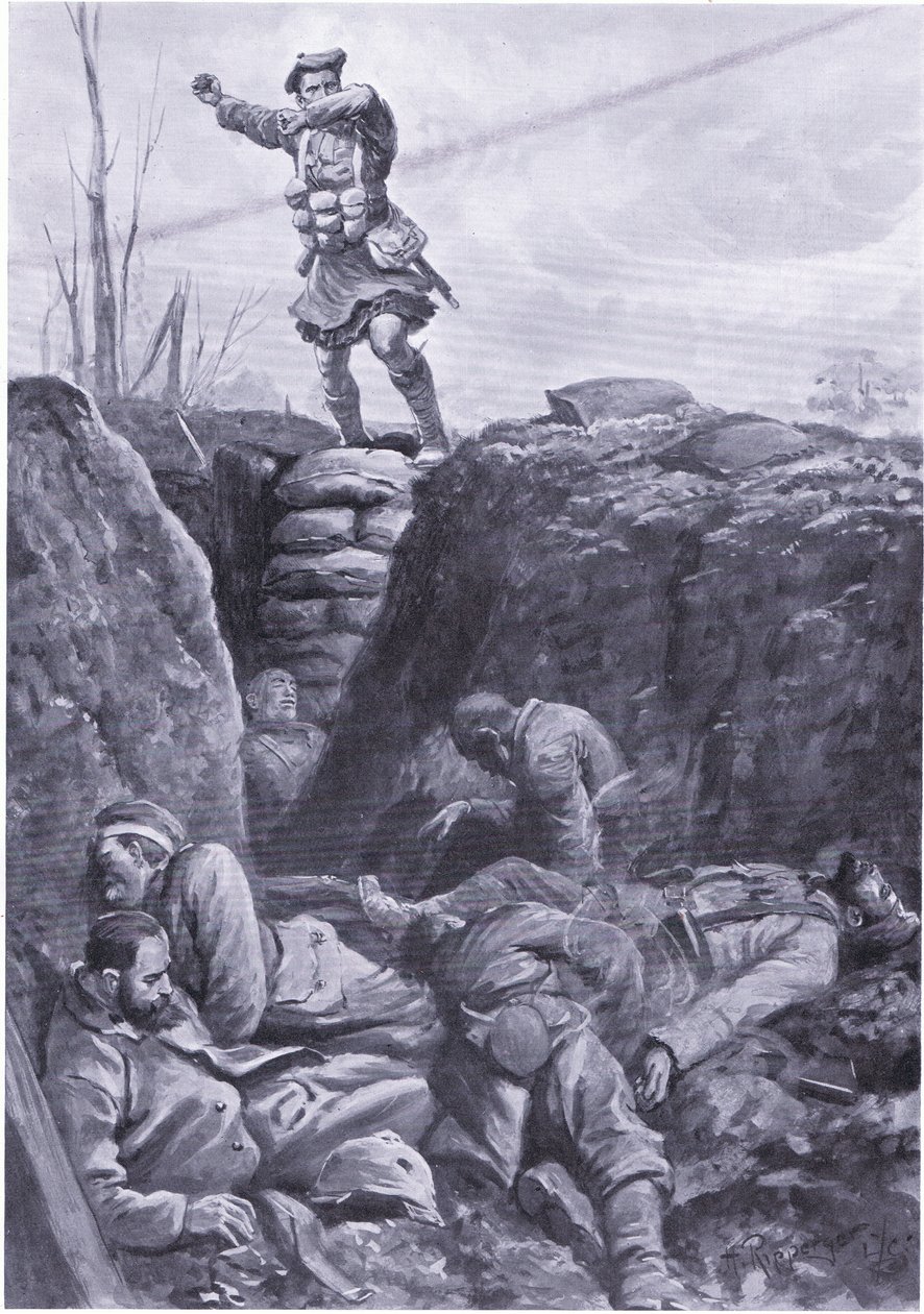 Menig Brown (Gordon Highlander) bomber fjenden i en tysk skyttegrav fra toppen af en barrikade. (litho) af H. Ripperger