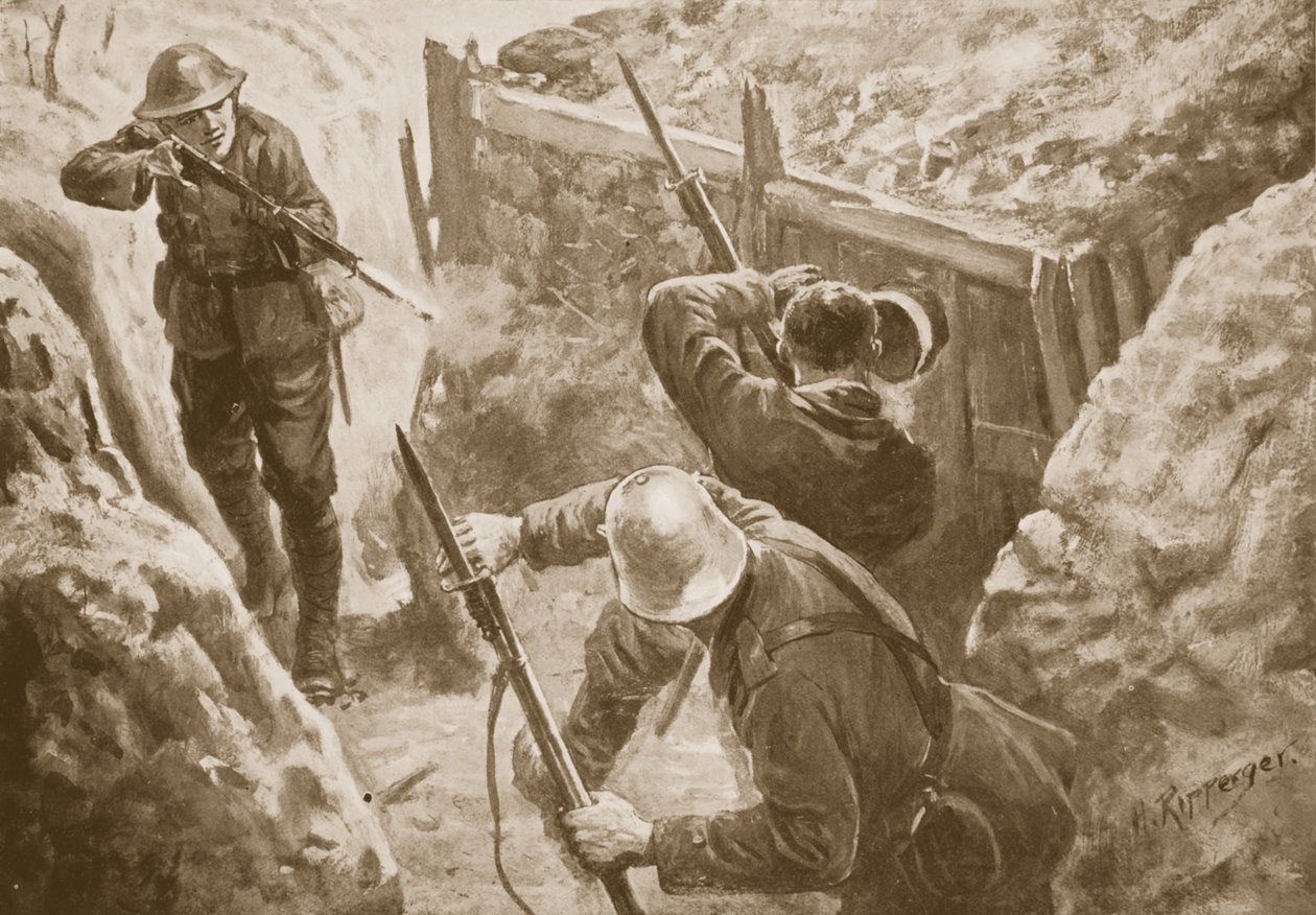 Menig J. Hutchinson skyder to tyske vagtposter, da han leder et angreb på en tysk skyttegrav af H. Ripperger