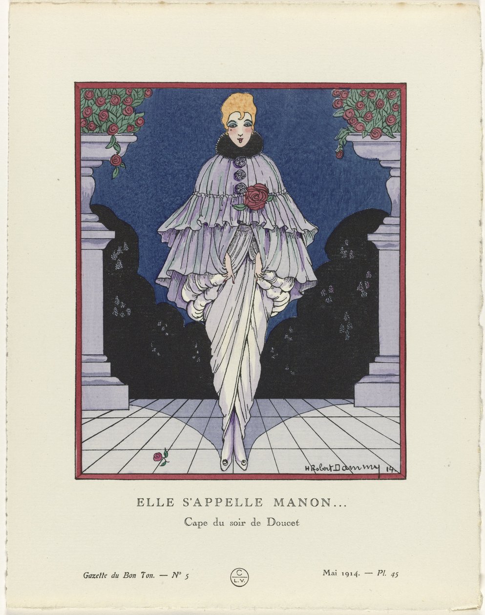 Gazette du Bon Ton, 1914 - nr. 5, pl. 45: Hendes navn er Manon (...) / Aftenkappe af Doucet (titel på objektet) af H. Robert Dammy
