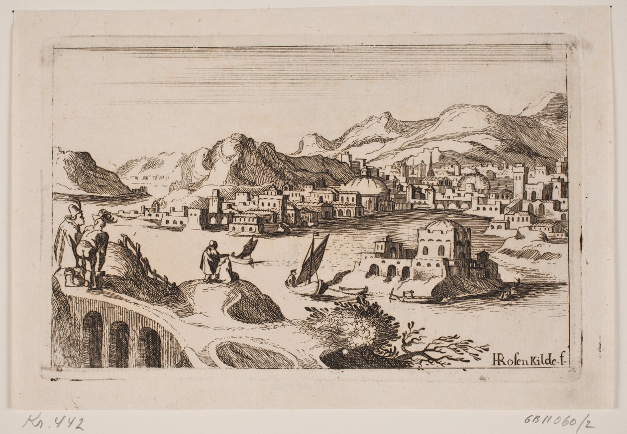 Kuperet kystlandskab med orientalske bygninger af H. Rosenkilde