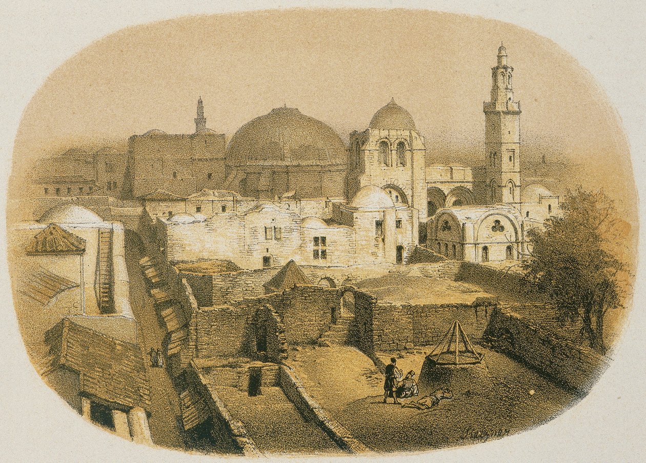 Den Hellige Gravs Kirke i Jerusalem. Radering af Stelzner - Steinkopk J.F. Editore af H. Stelzner