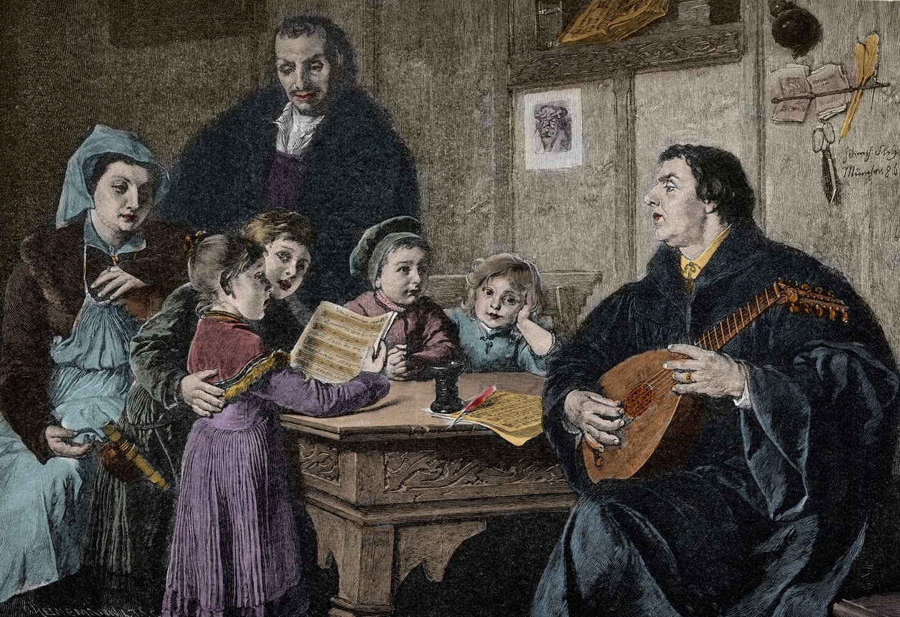 Martin Luther (1483-1546) midt i sin familie (stik efter H Stelzner) af H. Stelzner