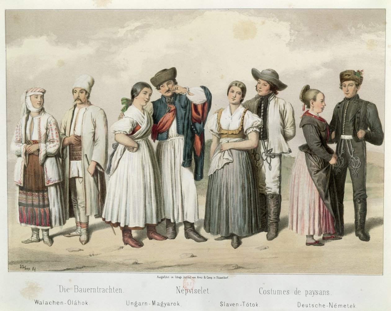 Bøndernes dragter fra (fra venstre mod højre) Rumænien, Ungarn, Slovakiet og Tyskland, fra "Esquisses de la Vie Populaire en Hongroie" af Gabriel de Pronay, 1855 af H. Veber