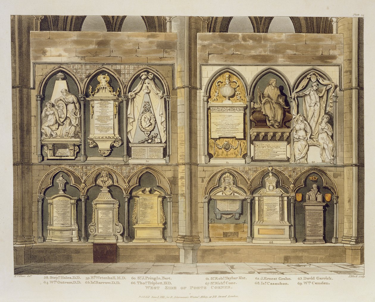 West Side of Poets Corner, plade 24 fra Westminster Abbey, indgraveret af J. Bluck (fl.1791-1831) pub. af Rudolph Ackermann (1764-1834) 1811 (akvatinte) af H. Villiers