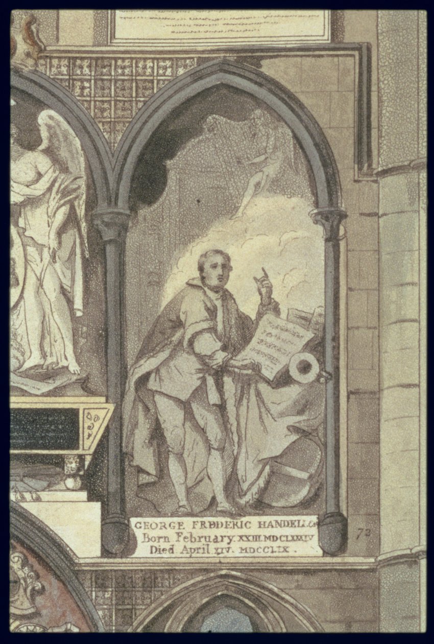 West Side of Poets Corner, plade 25 fra Westminster Abbey, detalje af begravelsesmonumentet for George Frederick Handel 1685-1759, indgraveret af J. Bluck fl.1791-1831 pub. af Rudolph Ackermann 1764-1834 1 af H. Villiers