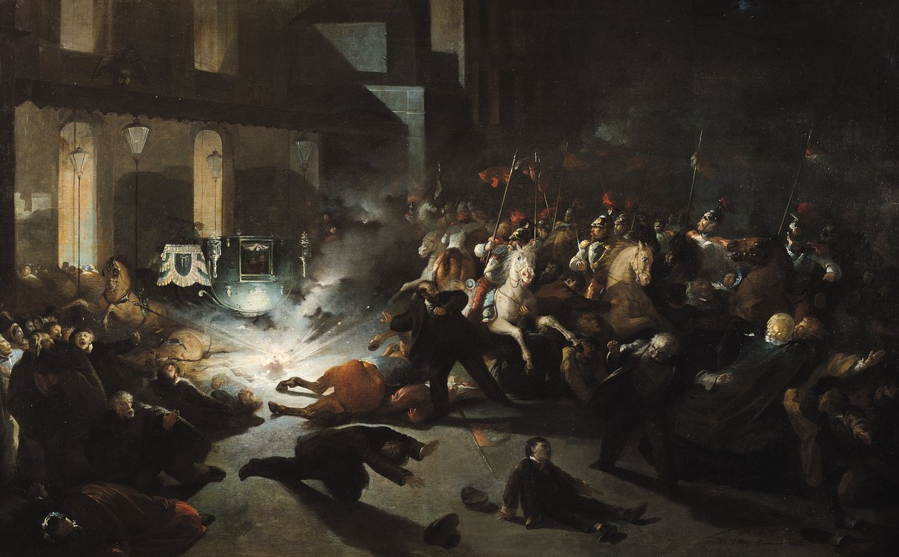 Attentatforsøget på kejser Napoleon III (1808-73) af Felice Orsini (1819-59) den 14. januar 1858, 1862 af H. Vittori Romano