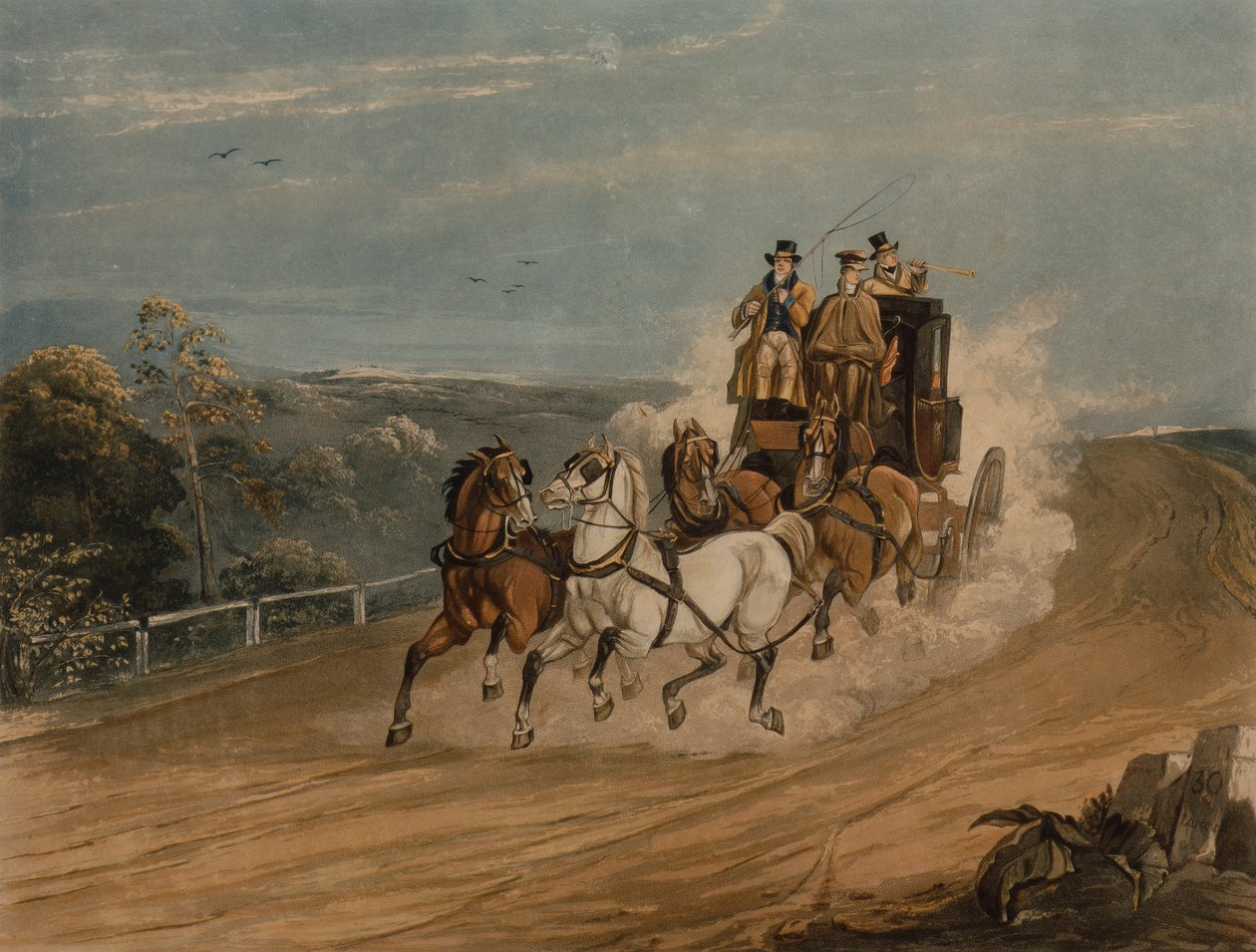 Posttræneren bag tiden (farvet gravering) af H. Walker