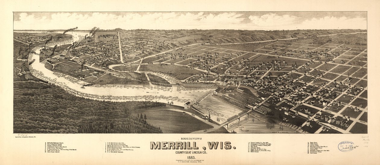 Fugleperspektiv af Merrill, Wis. amtssæde Lincoln Co. 1883. LOC 75696715 af H. Wellge