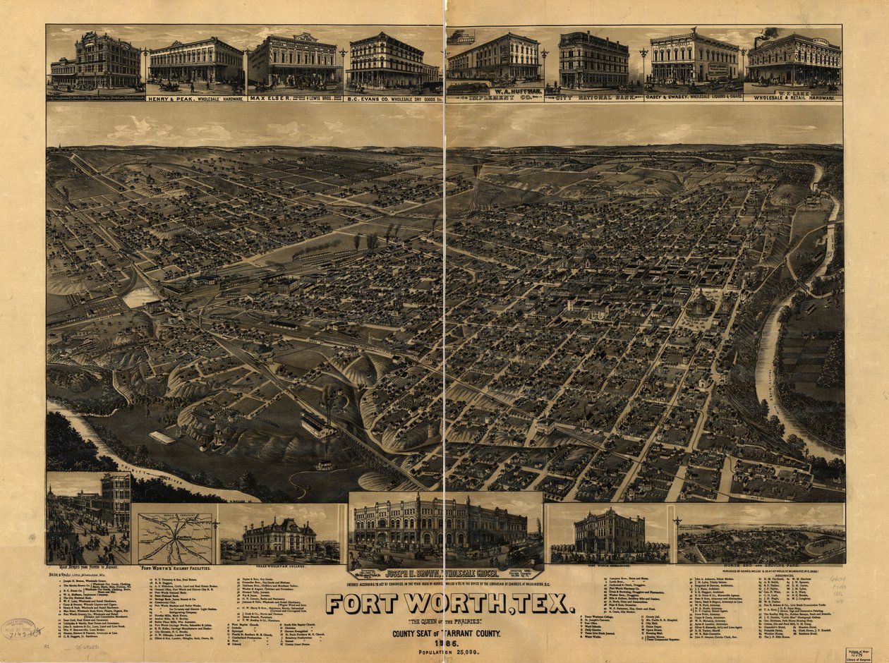 Perspektivkort ikke tegnet i målestok. Fugleperspektiv. LC Panoramic maps (2. udgave), 910 Også tilgængelig via Library of Congress-webstedet som et rasterbillede. Indeholder illustrationer, indeks til interessepunkter og kort over Fort Worth jernbanefacil af H. Wellge