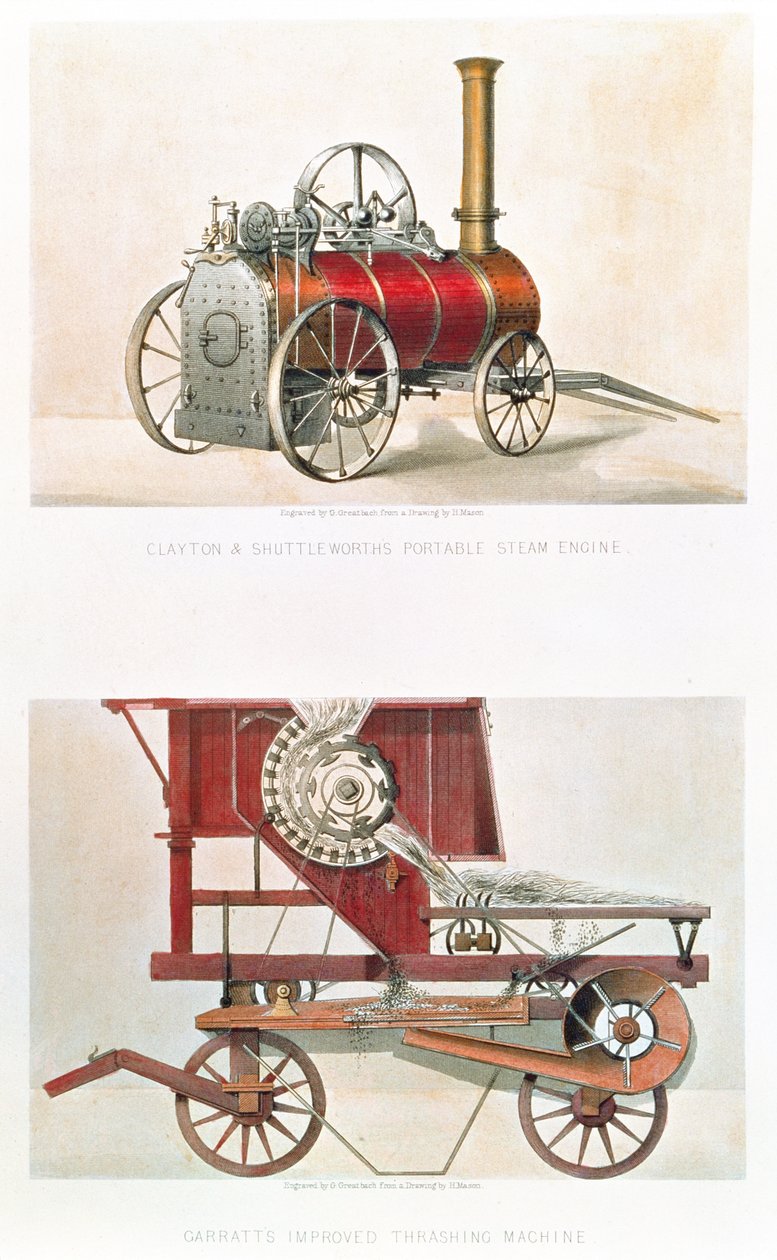 Clayton og Shuttleworths bærbare dampmaskine og Garratts forbedrede tærskemaskine, indgraveret af G. Greatbach af H. after Mason