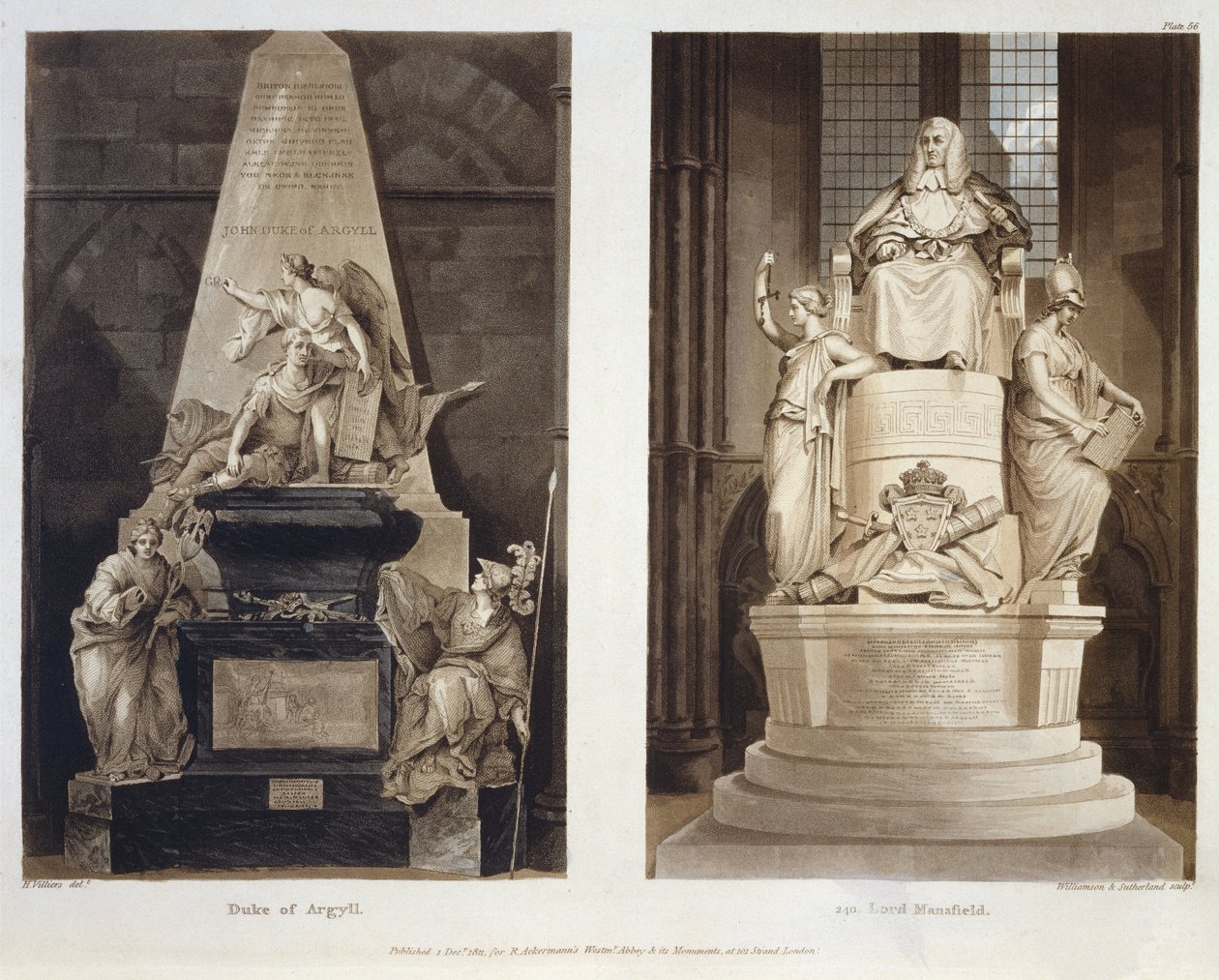 Tombs of the Duke of Argyll og Lord Mansfield, plade 56 fra Westminster Abbey, indgraveret af Williamson og Thomas Sutherland, pub. af Rudolph Ackermann (1764-1834) 1811 (akvatinte) af H. after Villiers