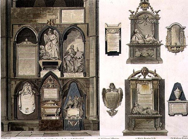 West Side of Poets Corner, plade 25 fra Westminster Abbey, indgraveret af J. Bluck (fl.1791-1831) pub. af Rudolph Ackermann (1764-1834) 1811 (akvatinte) af H. after Villiers