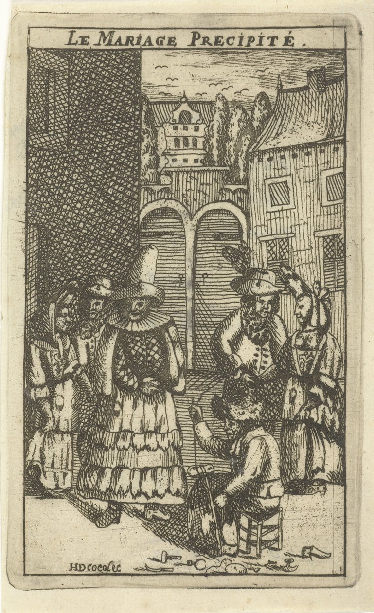 Skomager på arbejde La mariage precipite (titel på objekt) af H. de Cocq