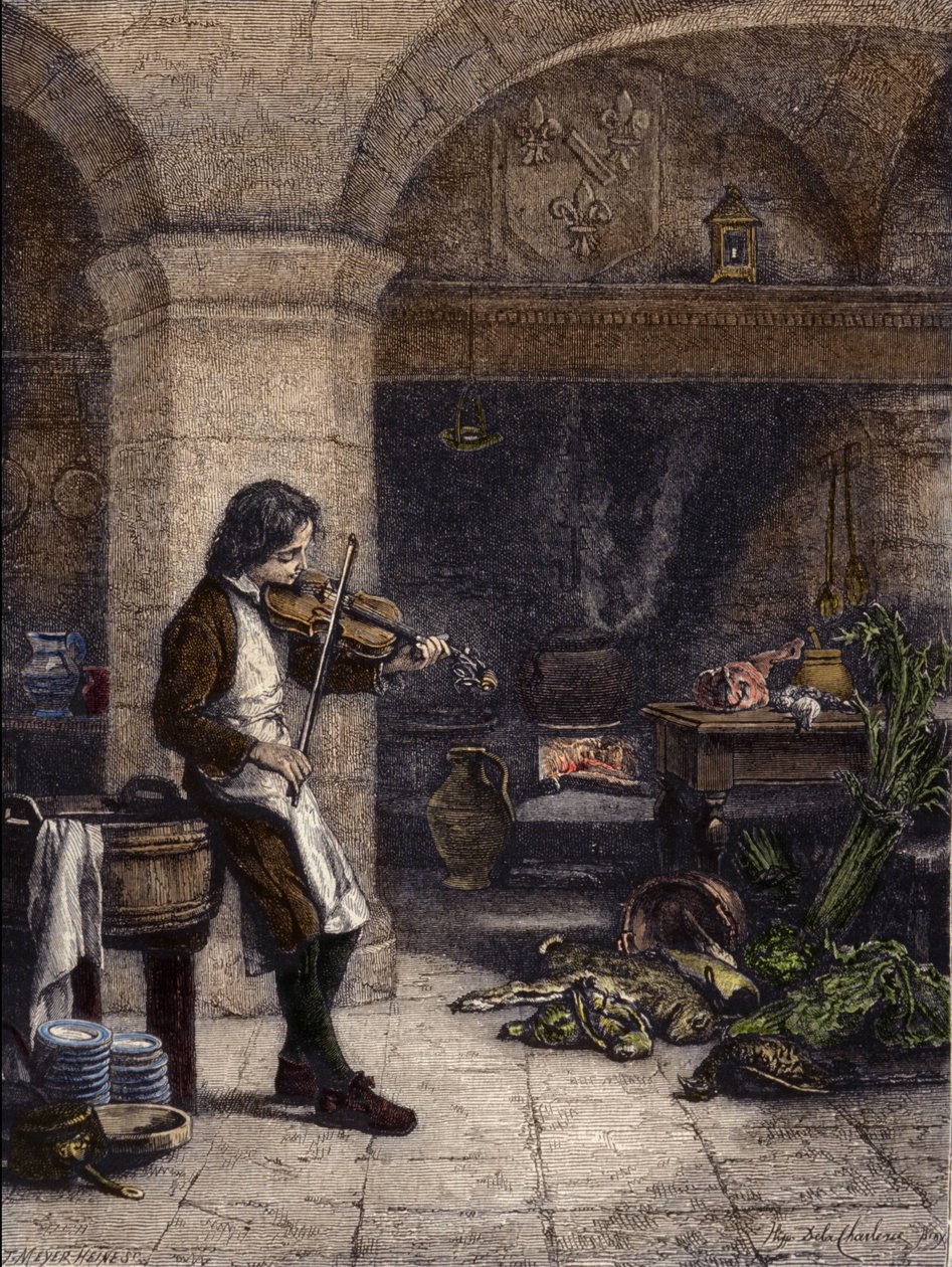 Jean Baptiste Lully (Giovanni Battista Lulli) (1632-1687), fransk komponist, derefter "" galopin"" eller marmiton af Mademoiselle de Montpensier. Stik af T. Meyer-Heine (Meyer Heine) efter tegning af Hippolyte de La Charlerie (1827-1867). af H. de la (after) Charlerie