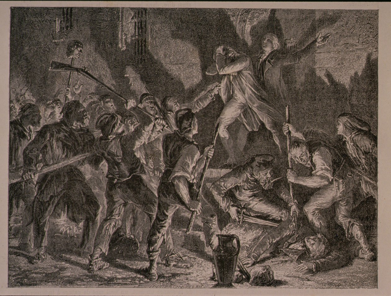 Massakren i fængslerne i september 1792, indgraveret af Jean-Baptiste Charles Carbonneau (f.1815) af H. de la Charlerie