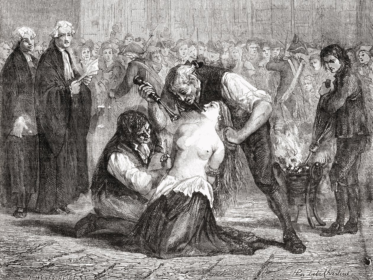 Madame de la Mottes tortur, graveret af Meyer-Heine, fra 