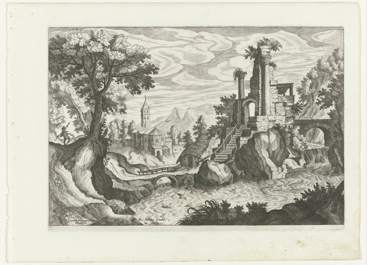 Landskab med en flod og ruin af H. van Schuppen