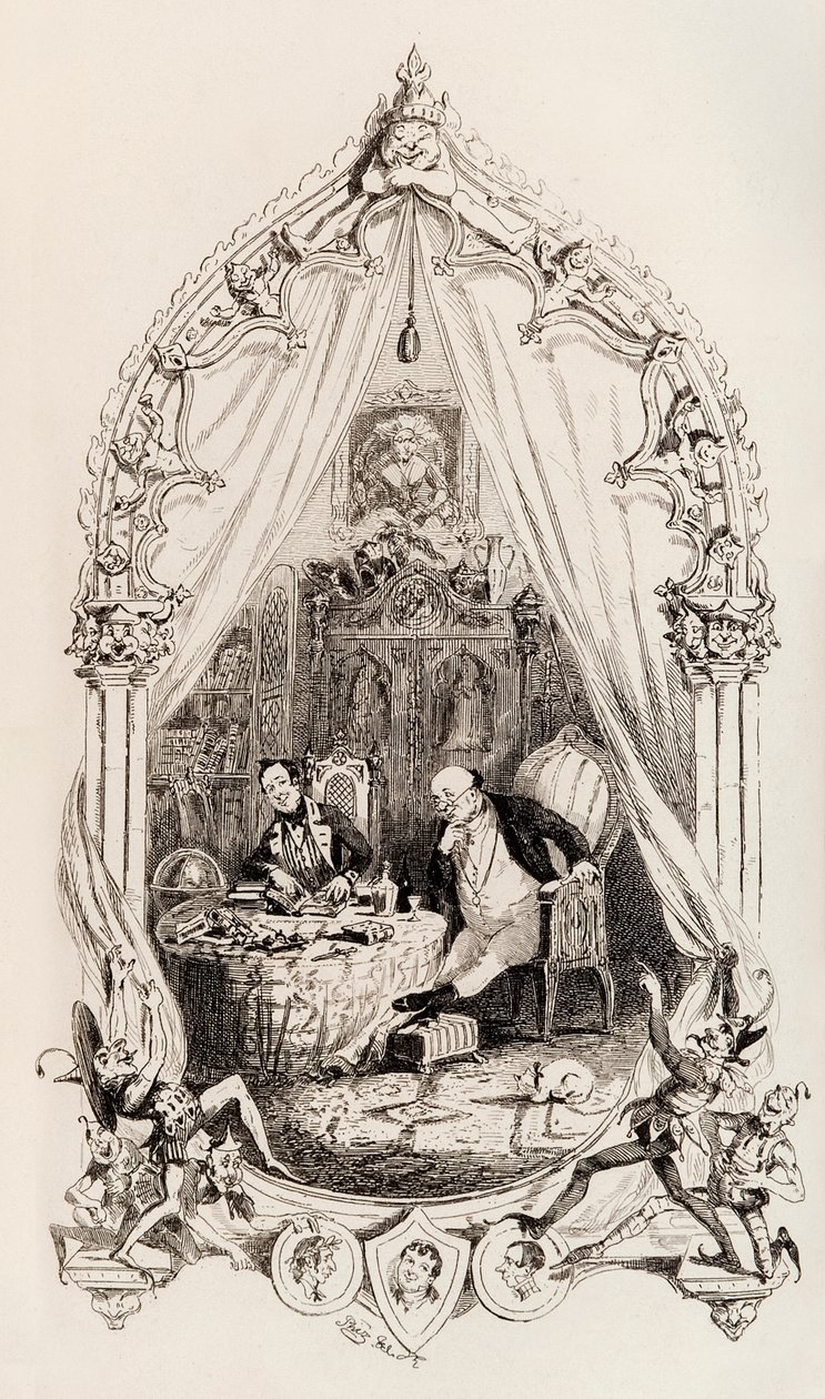 Frontispice fra The Posthumous Papers of the Pickwick Club udgivet i bogform i 1837 af Hablot Knight Browne