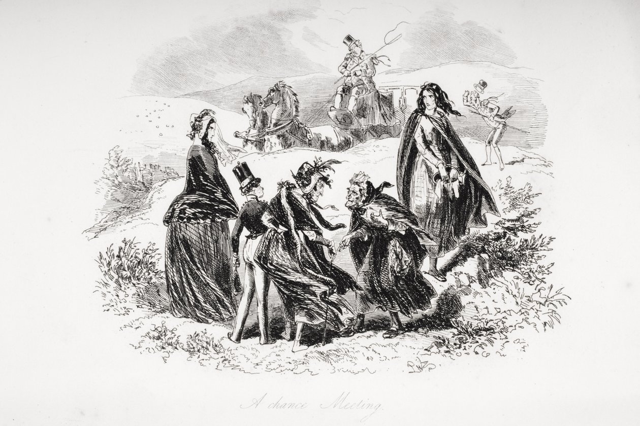 Et tilfældigt møde, illustration fra "Dombey and Son" af Charles Dickens (1812-70), første gang udgivet i 1848 af Hablot Knight Browne