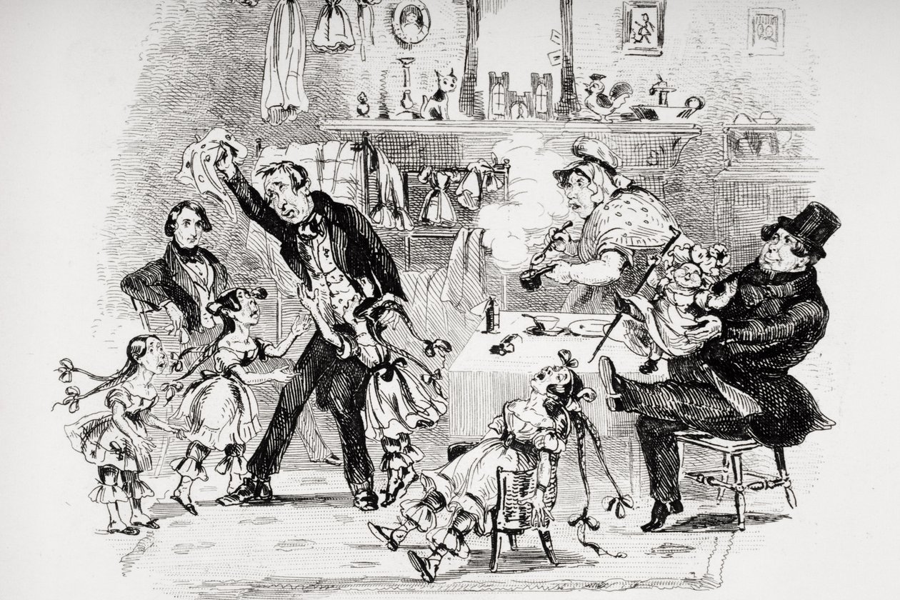 Hr. Kenwigs følelser ved at høre familiens nyheder fra Nicholas, illustration fra Nicholas Nickleby af Charles Dickens (1812-70) udgivet 1839 (se også 259139) af Hablot Knight Browne