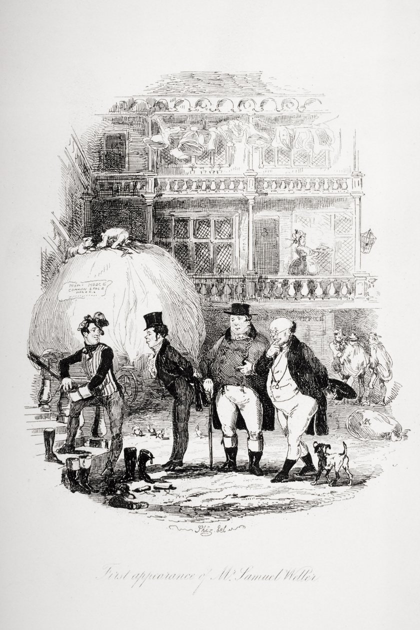Første optræden af Mr. Samuel Weller, illustration fra `The Pickwick Papers