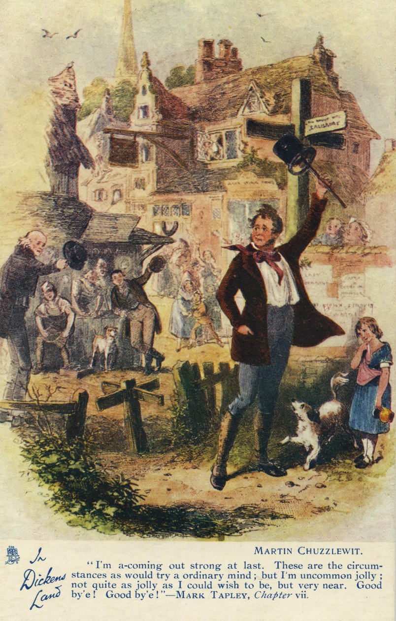 I Dickens Land - Martin Chuzzlewit postkort, ca. 1907 af Hablot Knight Browne