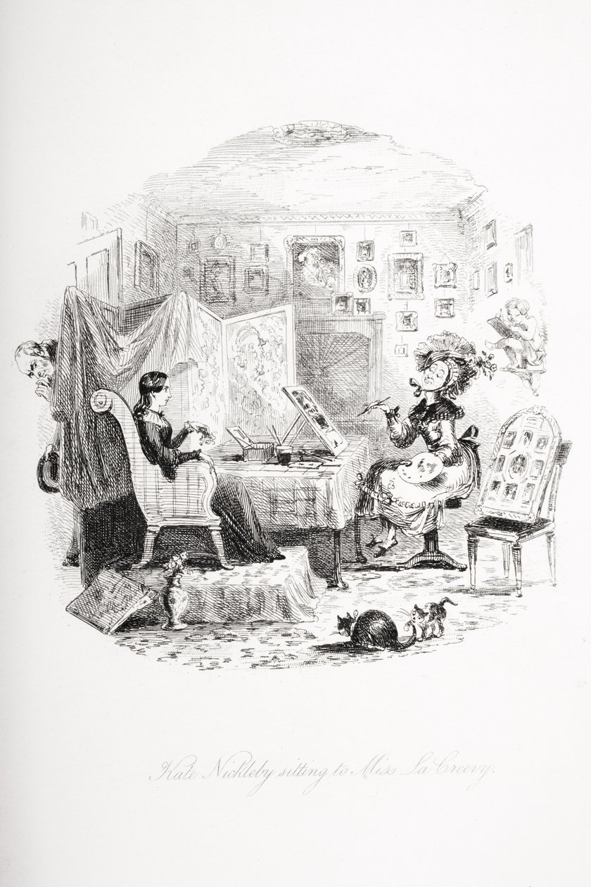 Kate Nickleby sidder hos Miss La Creevey, illustration fra "Nicholas Nickleby" af Charles Dickens (1812-70) udgivet i 1839 af Hablot Knight Browne