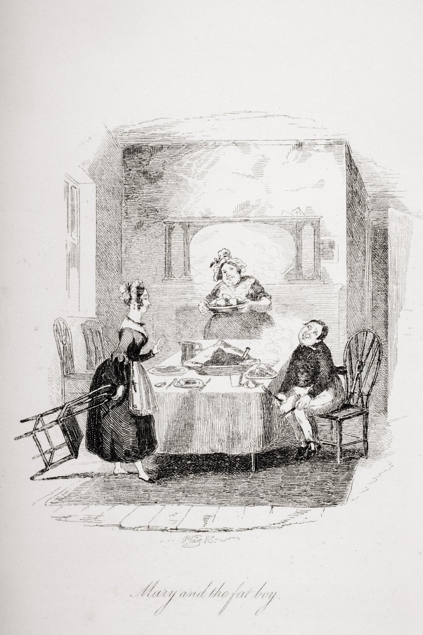 Mary og den fede dreng, illustration fra "Pickwick Papers" af Charles Dickens (1812-70) udgivet i 1837 af Hablot Knight Browne