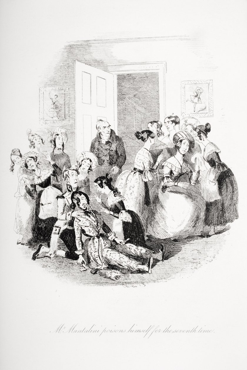 Mr. Mantalini forgifter sig selv for syvende gang, illustration fra `Nicholas Nickleby