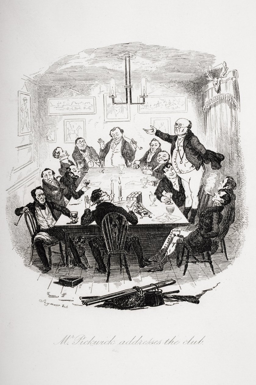 Mr. Pickwick taler til klubben, illustration fra 