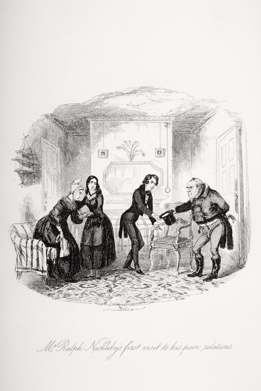 Mr. Ralph Nicklebys første besøg i hans fattige forhold, illustration fra `Nicholas Nickleby