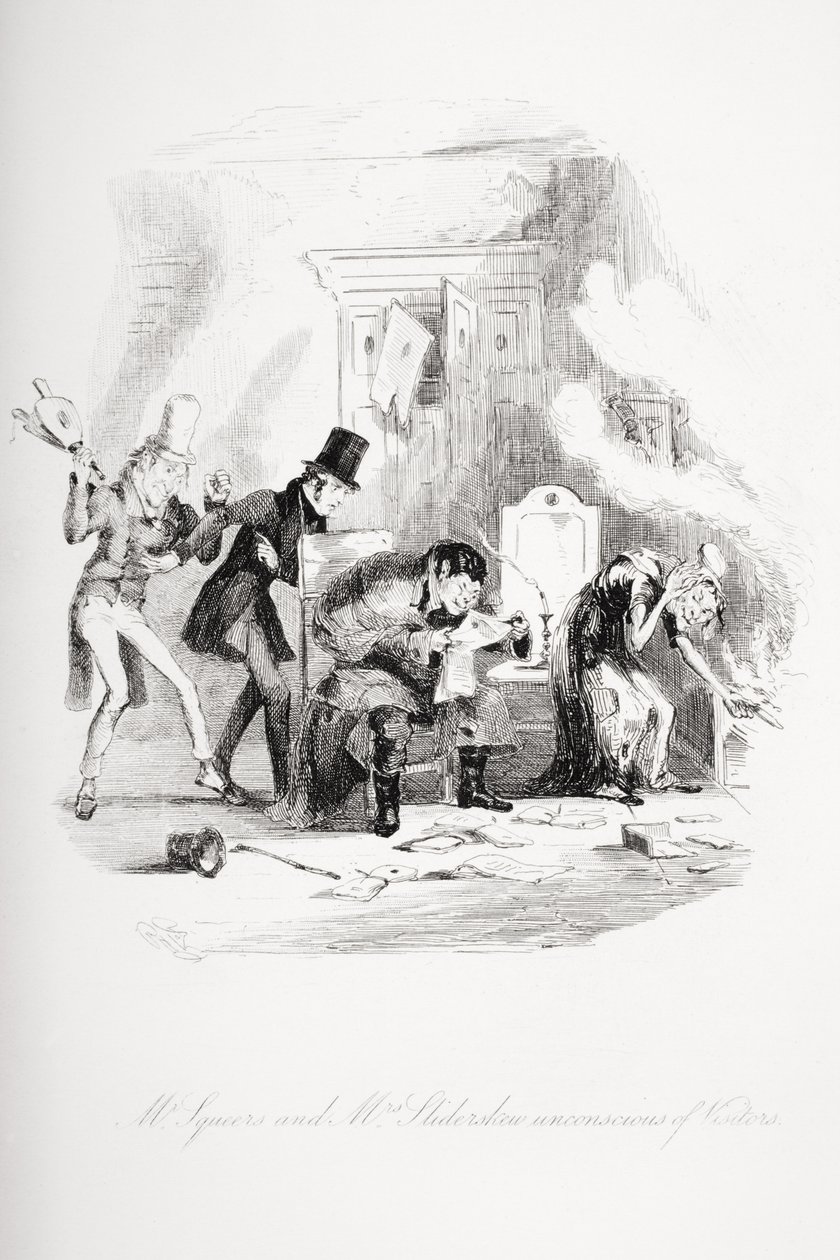 Mr. Squeers og Mrs. Sliderskew bevidstløse om besøgende, illustration fra `Nicholas Nickleby